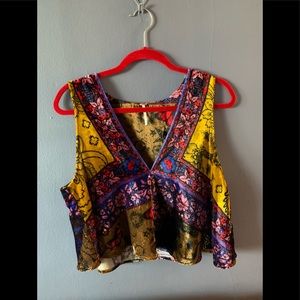 Velour Muti-Color Print Top with Plunging V-Neck